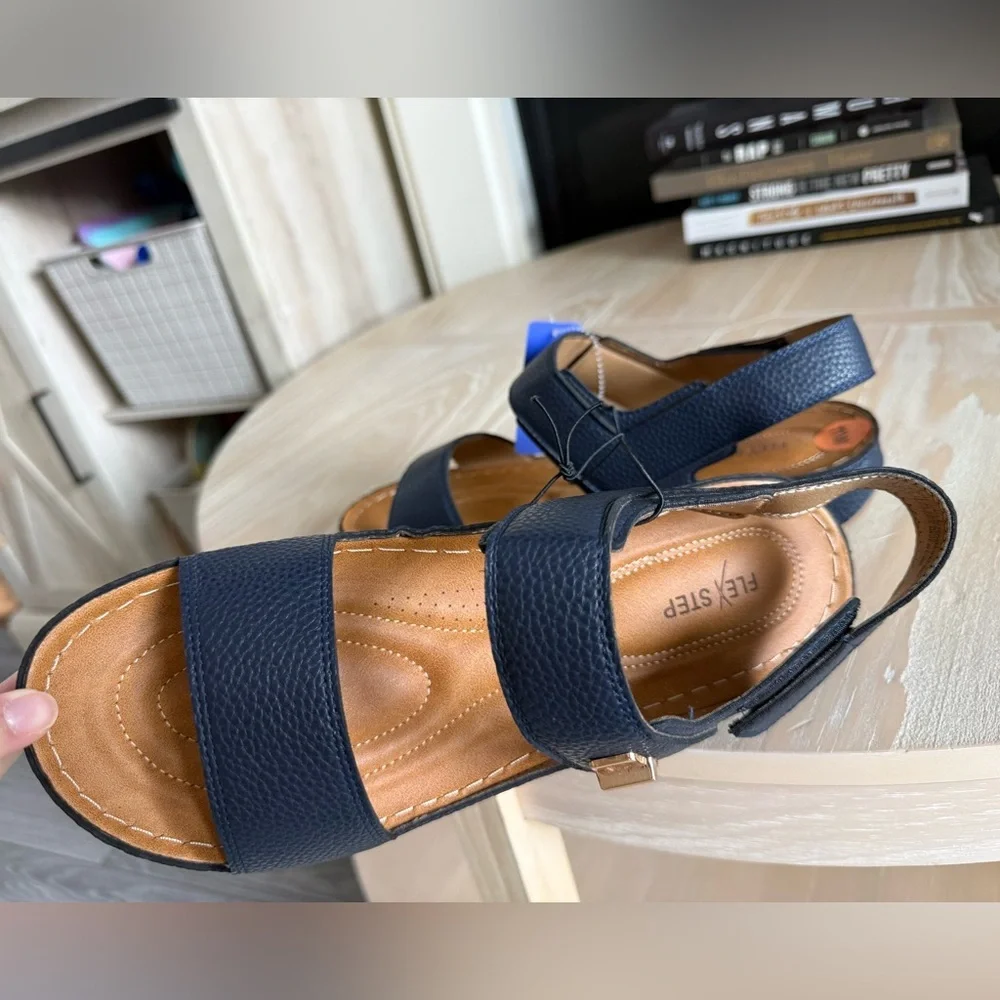 Flex Step|Navy Blue Sandals with Tan Accents,double strap faux leather•••NWT,11 - Picture 4 of 13